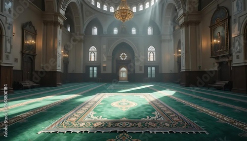 green Single Prayer Rug in a Serene Mosque. Interior design	