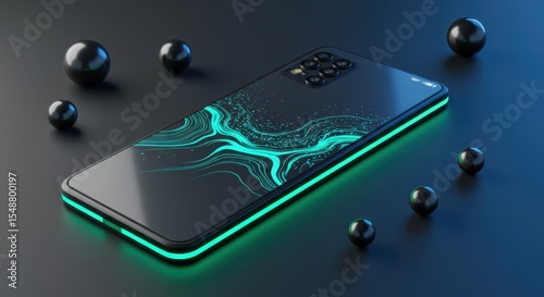 Futuristic Smartphone with Abstract Teal Design and Glowing Edge Modern Technology Concept