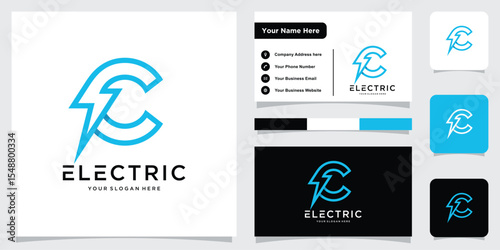 Initial C Letter with Lightning Bolt Logo Vector Design with business card design