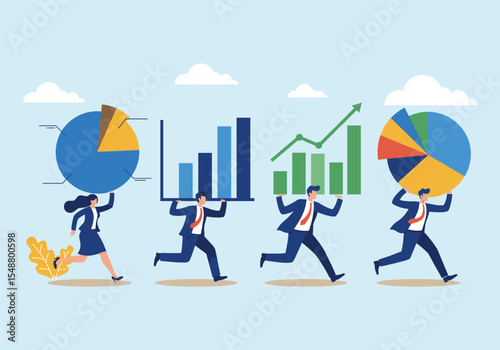 Business Growth and Analytics: Team Carrying Charts, Graphs, and a Gold Coin, Symbolizing Data-Driven Success and Prosperity.