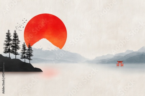 A minimalist Japanese landscape with Mount Fuji, a large red sun, pine trees, birds, misty mountains, and a torii gate reflected on calm water.