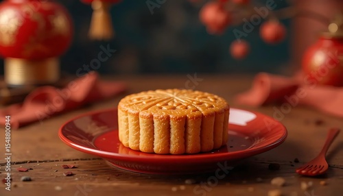 Mooncake on red plate with blurred Chinese new year decoration