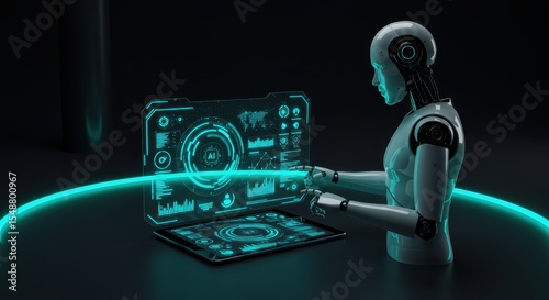 Futuristic Robot Interacting with Advanced AI Holographic Interface Displaying Data Analytics
