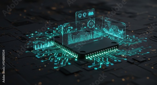 High Tech Microchip Circuit Board with Futuristic Data Visualization and Analytics
