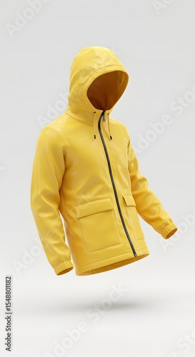 Floating Yellow Raincoat: Minimalist Studio Shot with Hood and Pockets