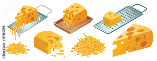 Grating Cheese Illustration Isometric View of Cheese and Grater