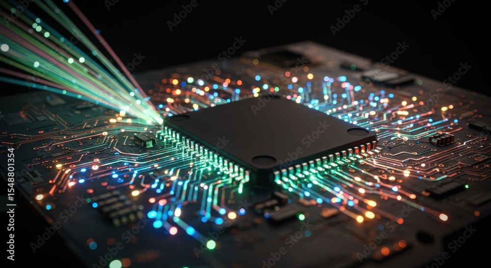 Obraz premium High Tech Microchip Circuit Board with Fiber Optic Data Streams