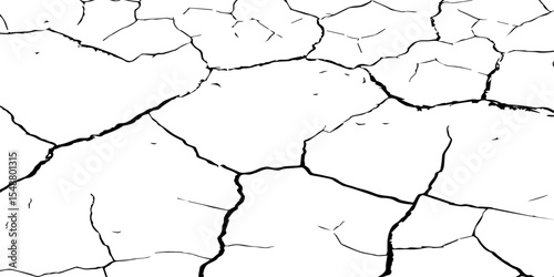 A high-contrast black and white texture of cracked earth or dry, parched ground. The image features irregular, jagged fissures and organic shapes, creating a fragmente.