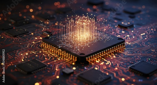 High Tech Microchip Circuit Board with Data Flow and Glowing Connections
