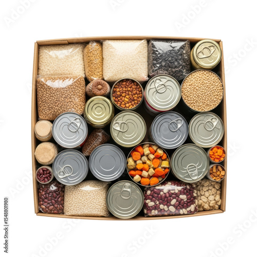 Overhead shot of a box filled with canned goods and bags of dry goods. Food donation concept.