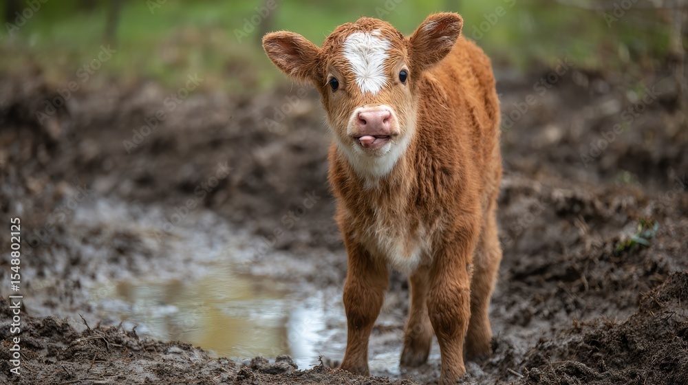 Fototapeta premium A curious calf stands in a muddy area, ready for its next adventure in the lush countryside.