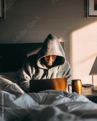 Laptop Work in Bed with Coffee Cup