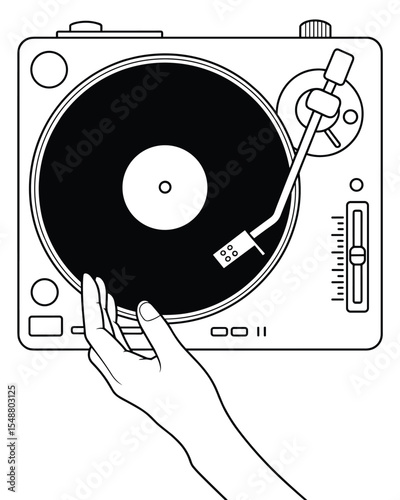 Hand Adjusting Vinyl Record on Turntable – Retro Music Equipment Illustration