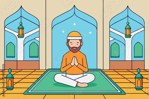 Illustration of Religious Worship in a Beautiful Mosque During Prayer Time