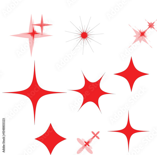 Red Sparkle Starburst Icons – Shiny Twinkle Light Effects Clipart for Decoration and Design
