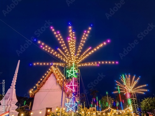 Colorful Festival Lights at Thai Temple Night Sky