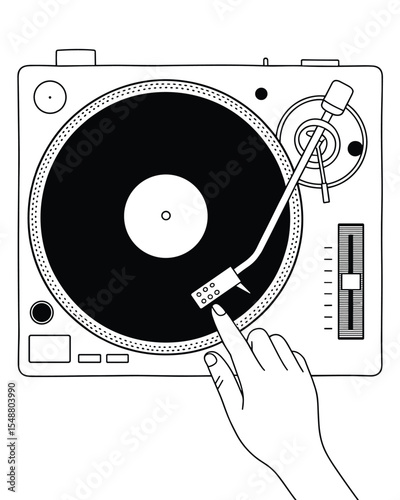Hand Adjusting Vinyl Record on Turntable – Retro Music Equipment Illustration
