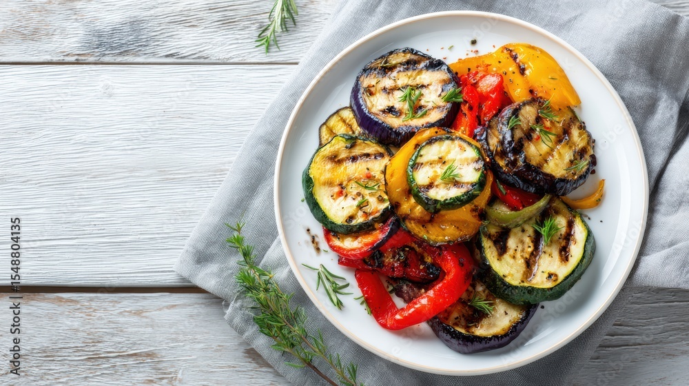 A vibrant plate of grilled vegetables featuring zucchini, bell peppers, and eggplant, garnished with fresh herbs. A vibrant plate of grilled vegetables featuring zucchini, bell peppers, and eggplant, garnished with fresh herbs.