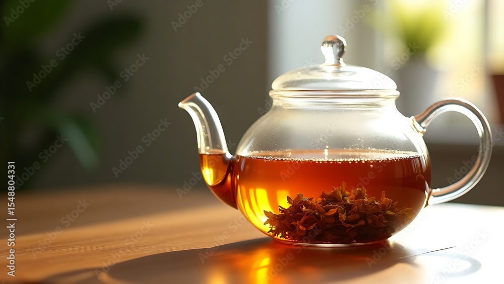 Glass teapot brewing herbal tea on wooden table in natural light home Glass teapot brewing herbal tea on wooden table in natural light home