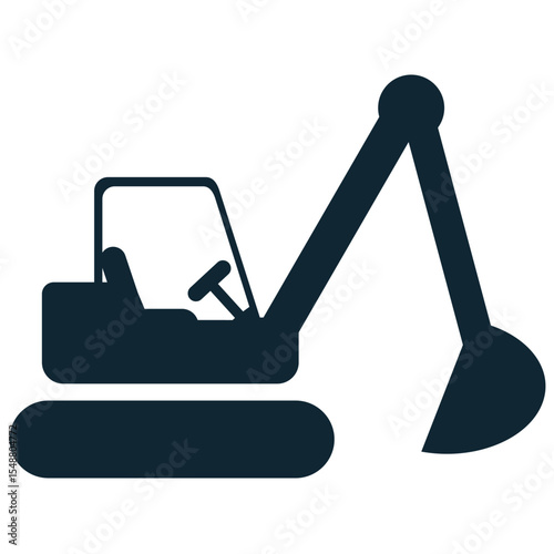 Excavator icon vector, symbolizing earthmoving, heavy construction, and digging. Perfect for building sites, land development, mining, and industrial machinery.