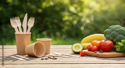 Eco Friendly Disposable Cutlery and Cups with Fresh Produce on Wooden Table Outdoors