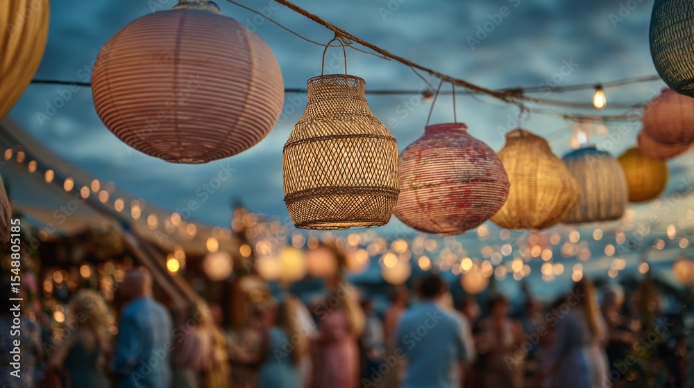 Fototapeta premium Colorful lanterns hanging at outdoor party during twilight hours 