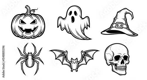 Collection of spooky halloween elements including pumpkin ghost witch hat spider bat and skull artfully arranged