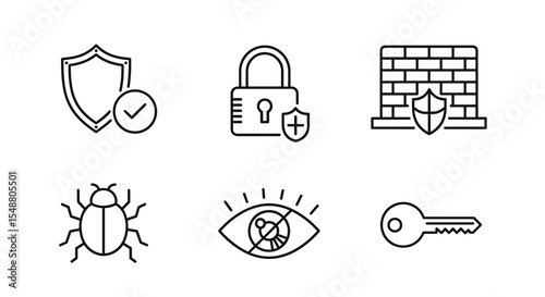 Collection of security icons including shield, padlock, firewall, bug, eye and key in a line art style