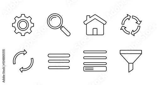 Collection of outlined icons including gear, magnifier, house, arrows, menu and funnel symbols