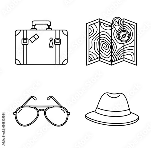 Outlined suitcase, folded map with compass, aviator sunglasses, and fedora hat illustration set up