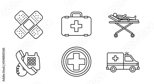 Outline drawing featuring medical icons including ambulance, first aid kit, and hospital bed design