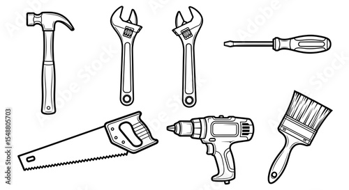 Illustration showcasing an assortment of hand tools including a hammer wrenches and screwdriver drill and saw