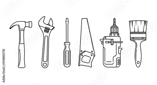 Illustration showcasing a variety of hand tools including a hammer wrench screwdriver saw drill and brush