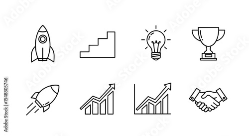 Line art depicting startup elements including rocket, stairs, bulb, trophy, charts and handshake icons