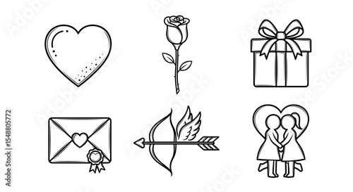 Assortment of love themed drawings including heart rose gift envelope bow and arrow and couple sketch