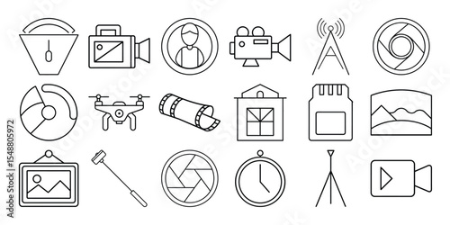 Collection of photography and videography icons isolated on white background
