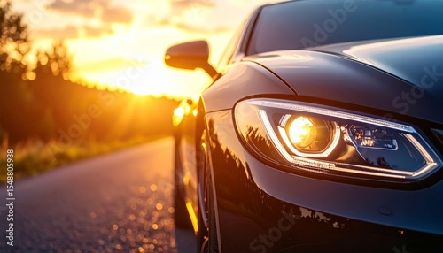 Close-up shows a sleek car headlight gleaming brightly at sunset, capturing luxury and modern design