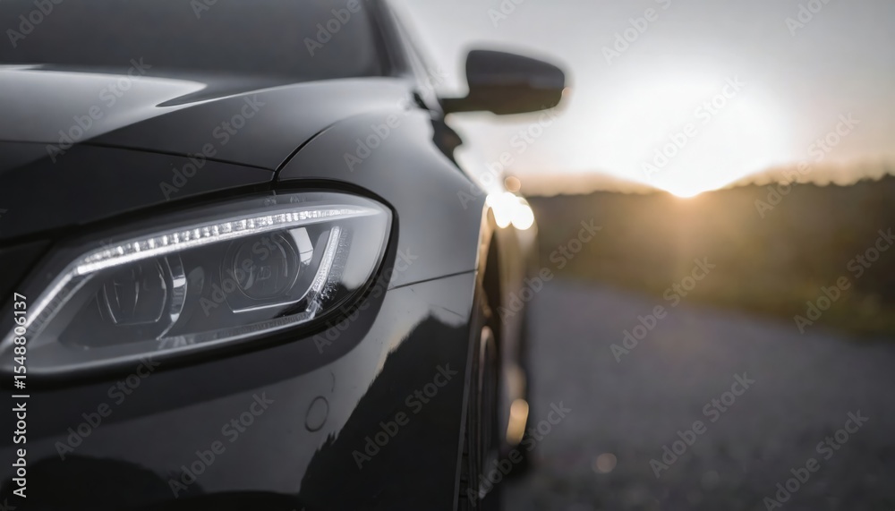 Fototapeta premium Dramatic close up showcases a luxury car's headlight with sunset lighting on a remote road location.