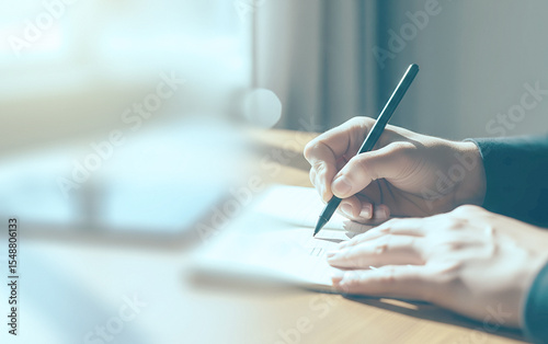 Close-up of a person writing on a small notepad with a black pen under natural light near a window. Calm workspace setting with warm tones and soft focus.