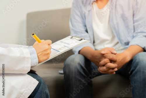 Healthcare, adult man sitting on sofa and doctor with clipboard, diagnosis and conversation for results