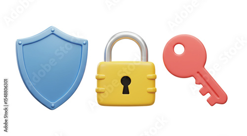 3D security icons with transparent background – blue shield, yellow padlock, and red key representing data protection, access control, privacy, safety, and digital cybersecurity concepts.

