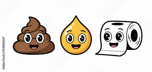 Cute Poop, Droplet, and Toilet Paper Cartoon Characters