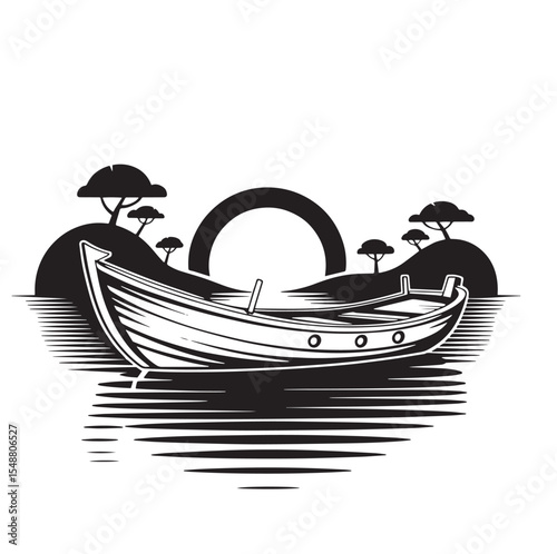 Black and White Boat Illustration with African Trees and Sunset