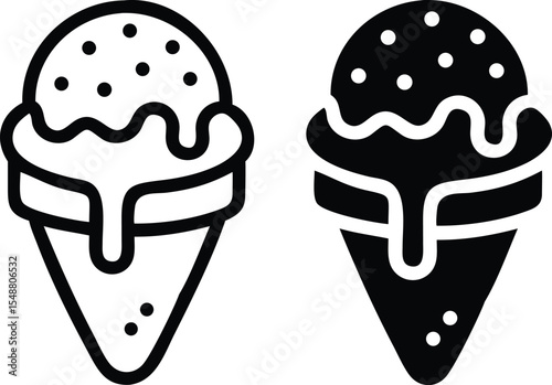 Minimalist Ice Cream Cone Line Art – Black & White Vector Illustration, Single Scoop with Sprinkles