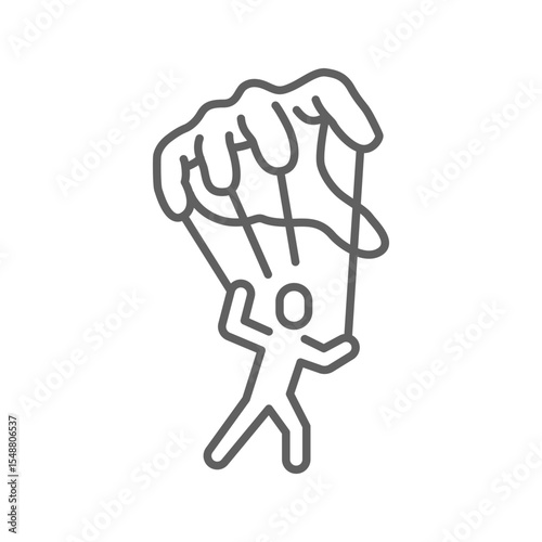 Micromanagement Icon Vector, Puppet Control Hand Holding Small Person Symbol, Editable Stroke Outline for Burnout, Workplace Domination, and Loss of Autonomy at Work