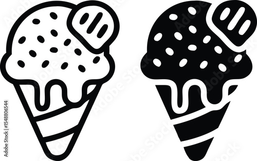 Minimalist Ice Cream Cone Line Art – Black & White Vector Illustration, Single Scoop with Sprinkles