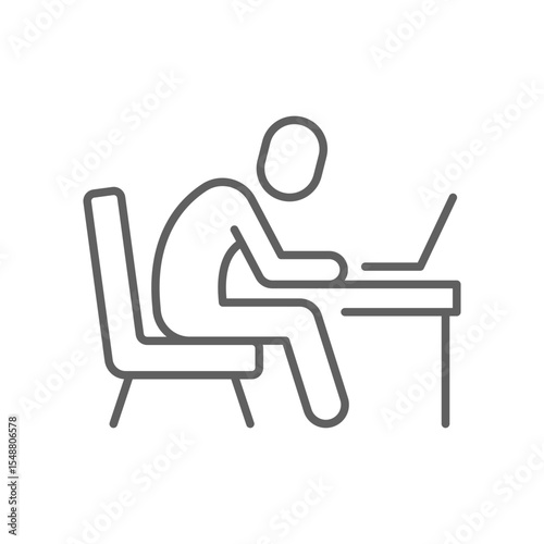 Burnout at Work Icon Vector, Outline Symbol of Exhausted Person with Laptop, Remote Work Fatigue and Digital Overload, Slumped Sitting Pose, Editable Stroke Mental Health Icon