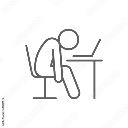 Burnout Icon Vector, Exhausted Person Slouched at Desk with Laptop, Editable Stroke Outline Symbol for Remote Work Fatigue, Mental Exhaustion, and Overwork Stress