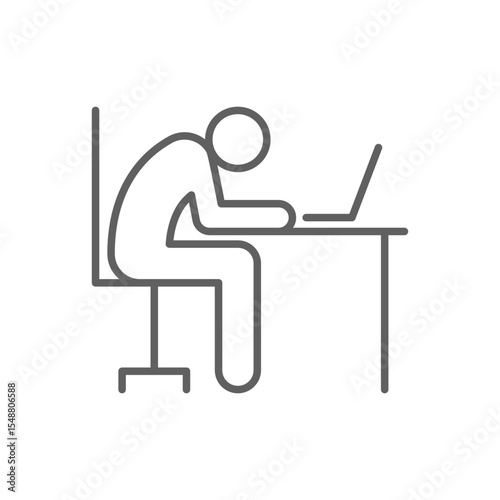 Exhausted Worker at Desk Icon Vector, Outline Symbol of Burnout, Remote Work Fatigue, and Mental Overload, Slumped Person with Laptop, Editable Stroke Digital Stress Icon