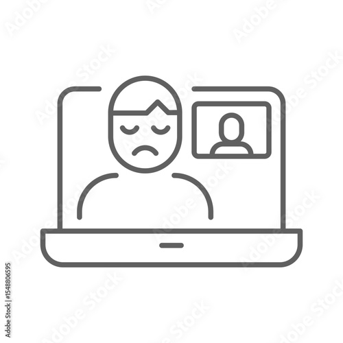 Zoom Fatigue Icon Vector, Stressed Person in Video Call on Laptop, Editable Stroke Outline Symbol for Digital Burnout, Remote Work Exhaustion, and Online Meeting Overload